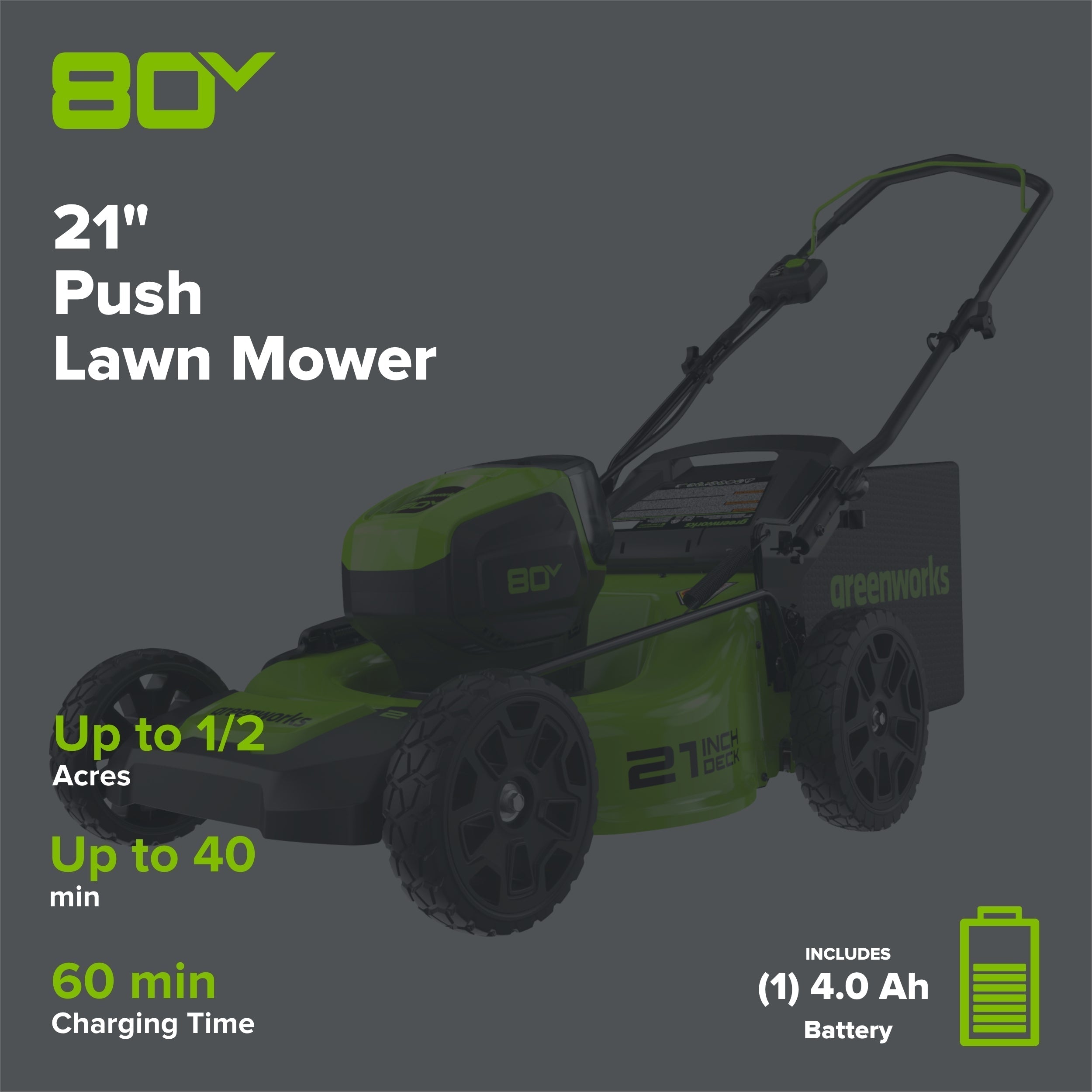 80V 21" Brushless 3-in-1 Push Lawn Mower: 4.0 Ah Battery and Charger, LM2138