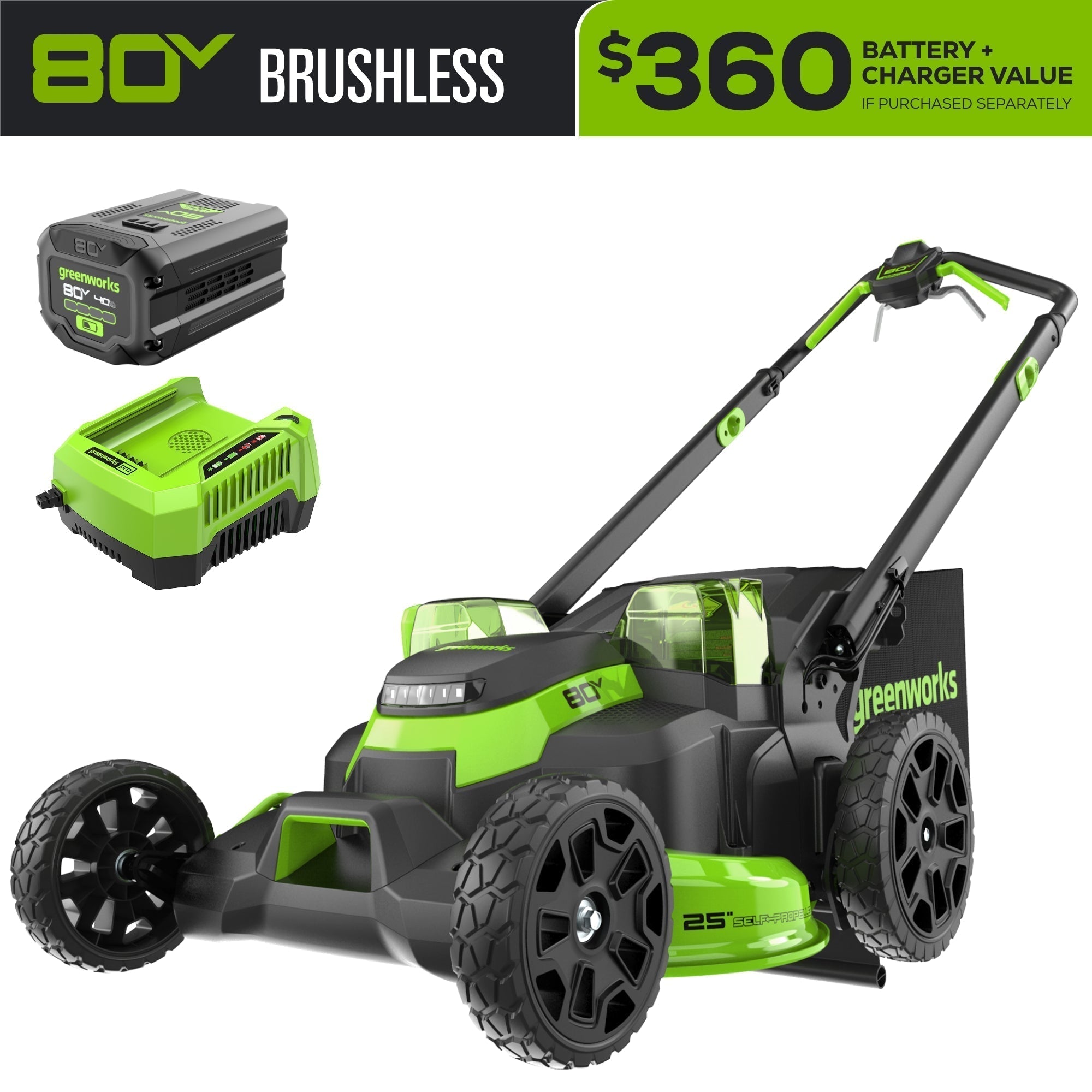 80V 25" Cordless Battery Dual Blade Self-Propelled Mower: 4.0 Ah Battery and Rapid Charger, LM2508S
