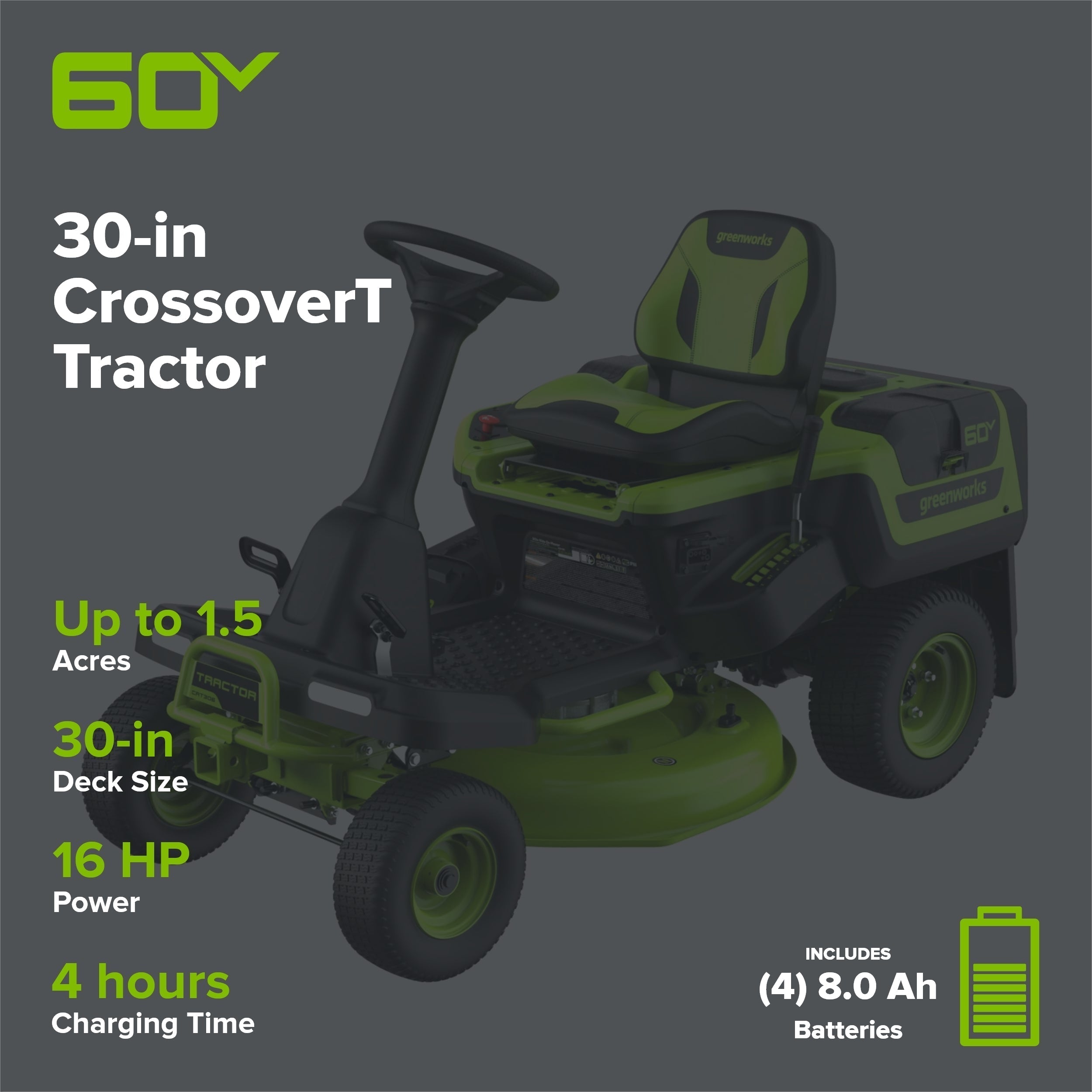 60V 30" CrossoverT Riding Lawn Tractor with (4) 8.0 Ah Batteries and 600-Watt Charger, CRT3062