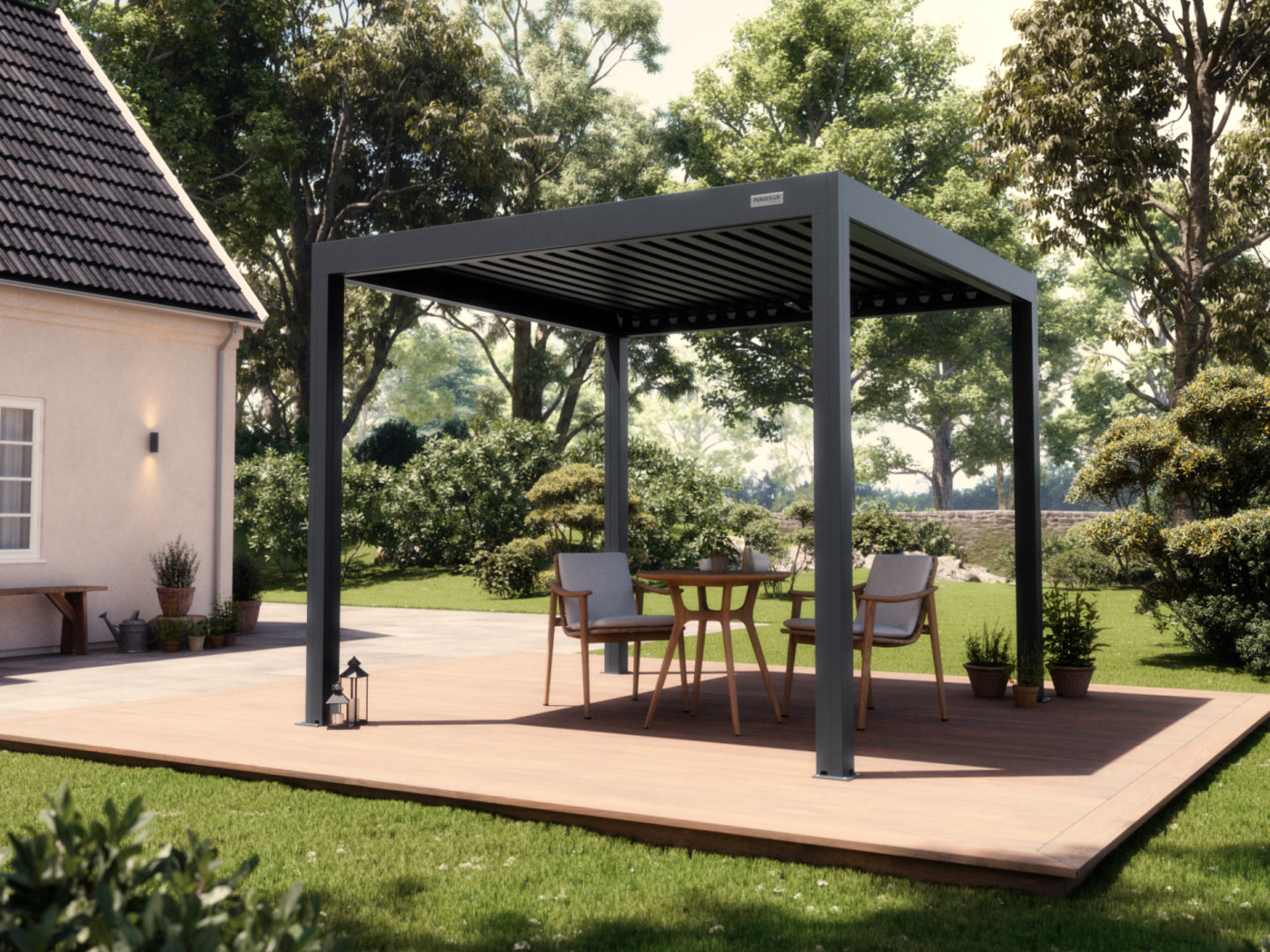 A black PERGOLUX Series 3 pergola installed over a wooden deck with outdoor furniture set underneath it, in a garden setting.