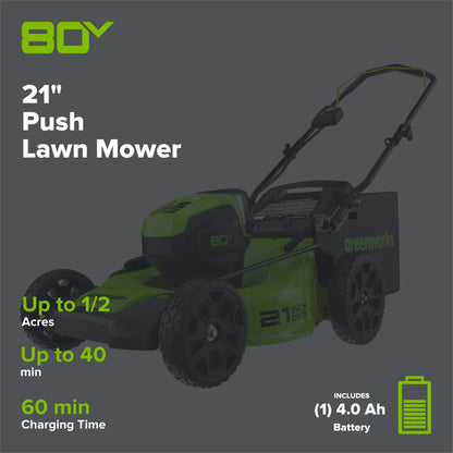80V 21" Brushless 3-in-1 Push Lawn Mower: 4.0 Ah Battery and Charger, LM2138