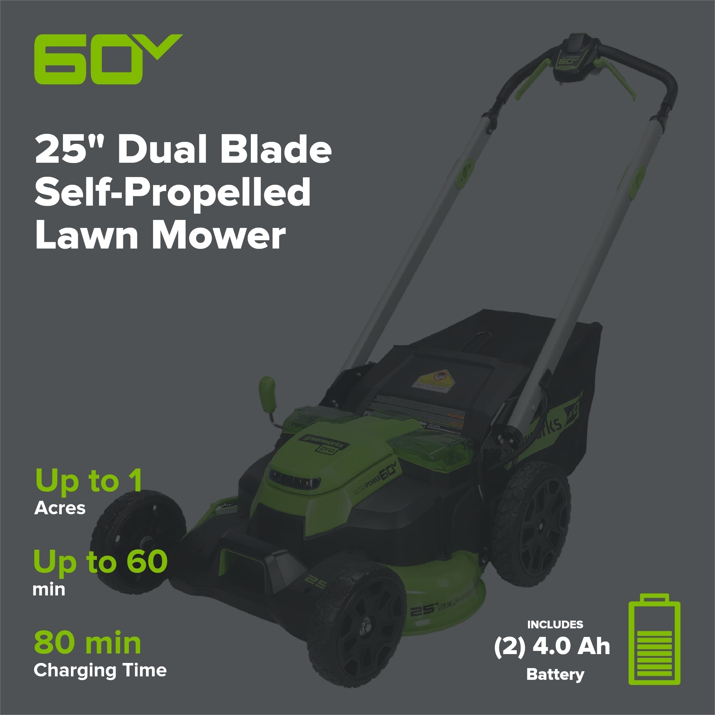 60V 25" Cordless Battery Dual Blade Self-Propelled Lawn Mower w/ Two (2) 4.0Ah Batteries & Dual-Port Charger, LM2516S