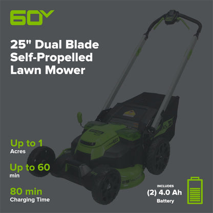 60V 25" Cordless Battery Dual Blade Self-Propelled Lawn Mower w/ Two (2) 4.0Ah Batteries & Dual-Port Charger, LM2516S