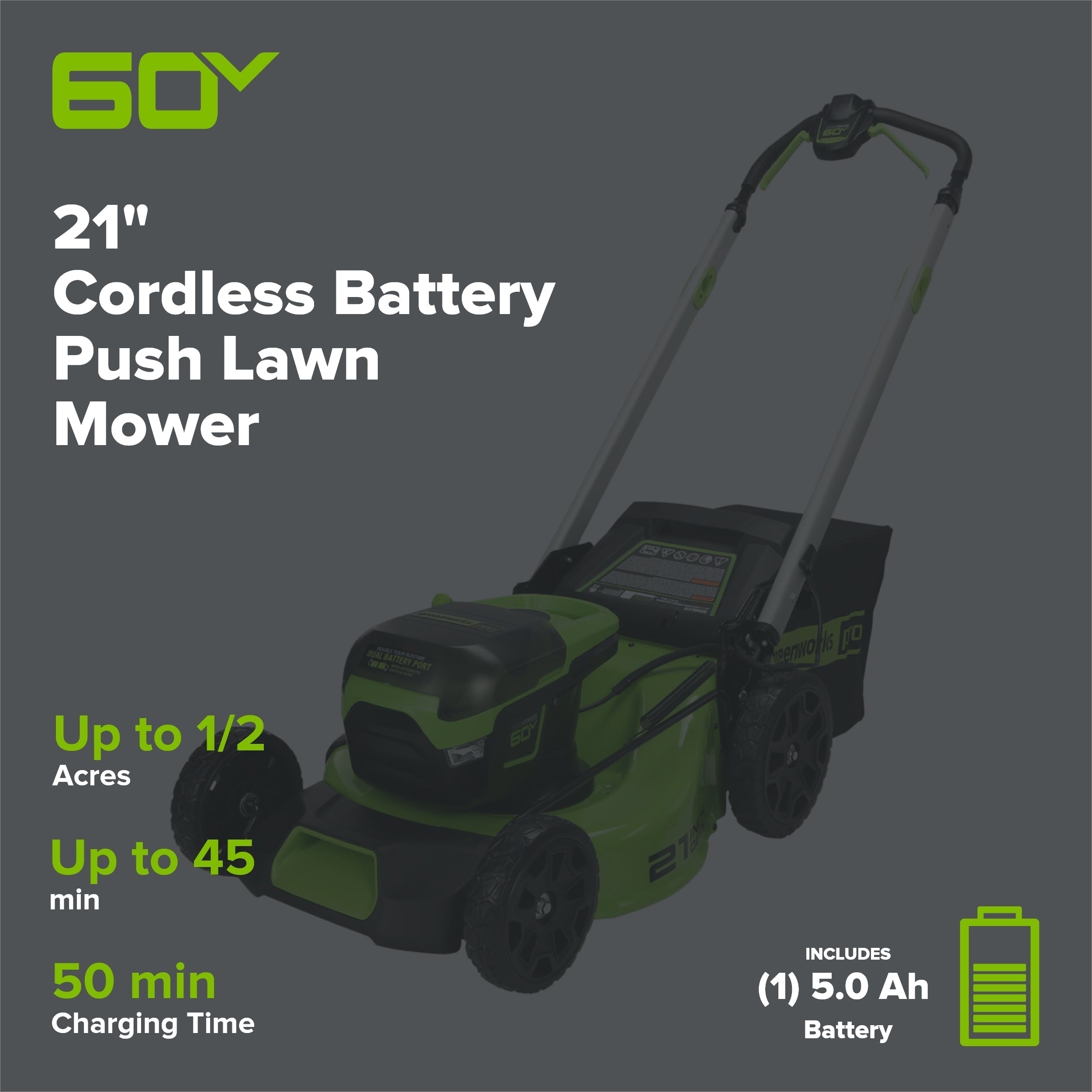 60V 21" Cordless Battery Push Lawn Mower w/ 5.0Ah Battery & Charger, LM2116