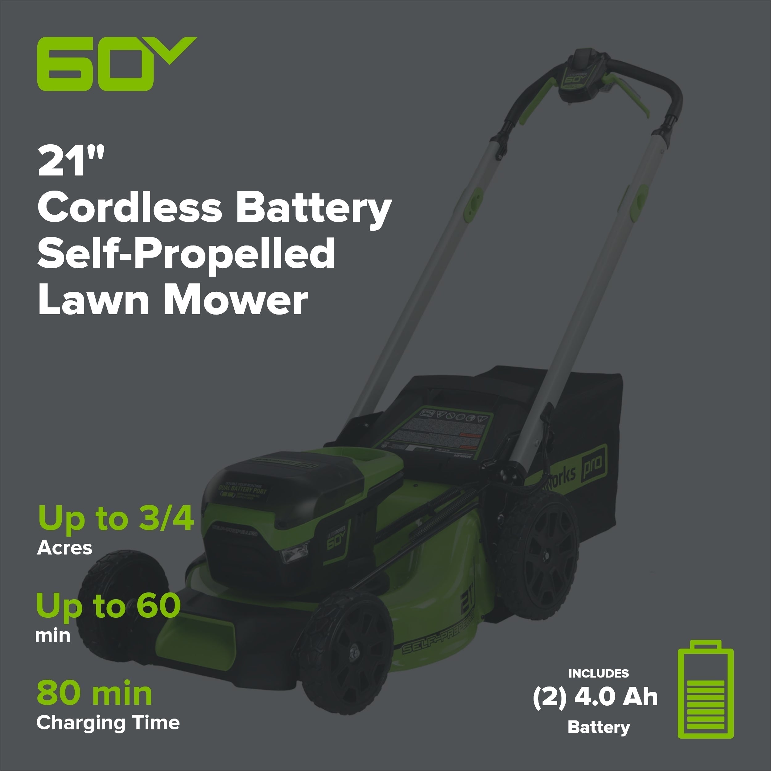 60V 21" Cordless Battery Self-Propelled Lawn Mower w/ Two (2) 4.0Ah Batteries & Dual Port Charger, LM2116S