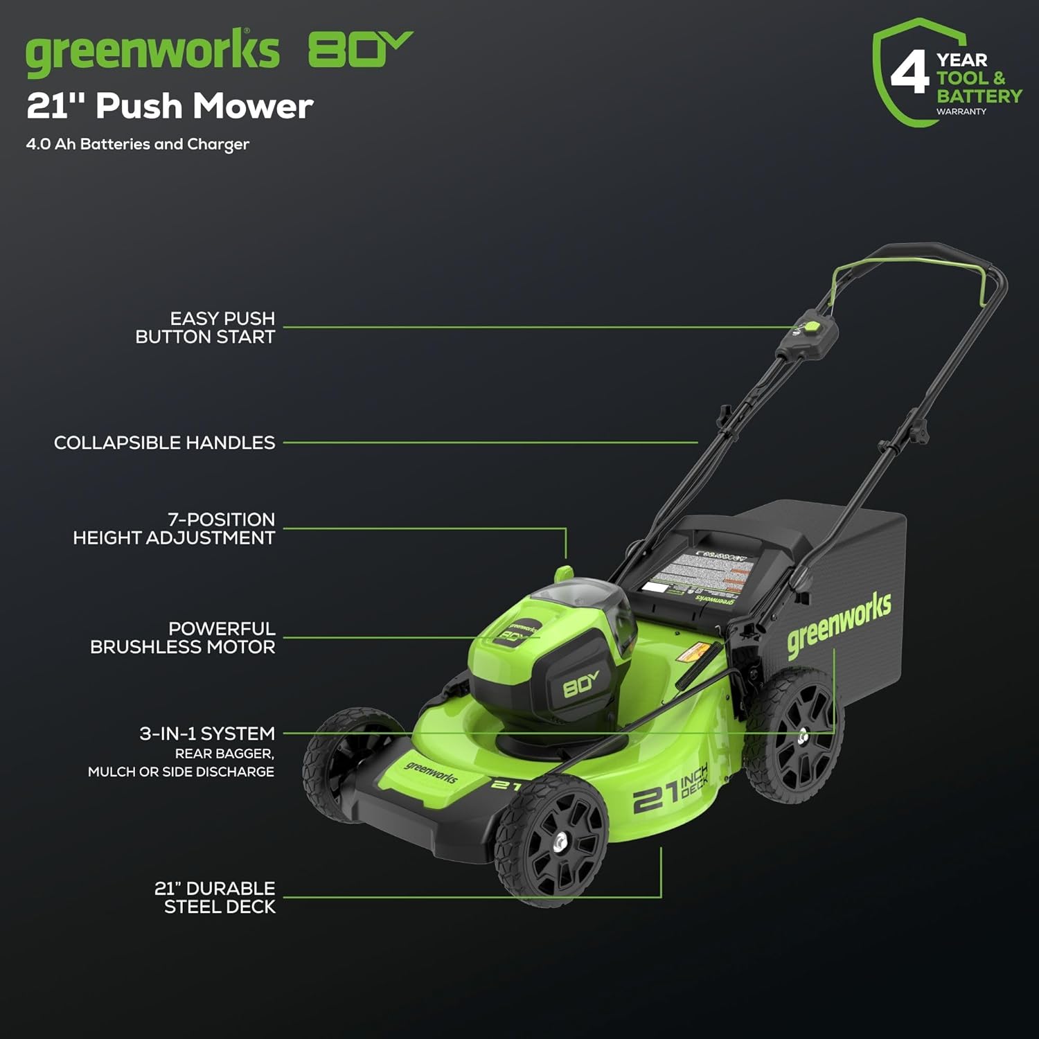 80V 21" Brushless 3-in-1 Push Lawn Mower: 4.0 Ah Battery and Charger, LM2138