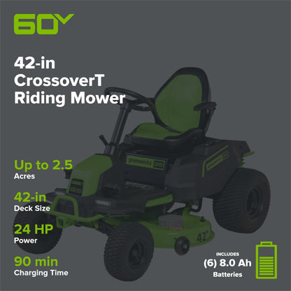 60V 42" Cordless Battery CrossoverT Riding Lawn Mower: (6) 8.0 Ah Batteries and (3) Dual-Port Turbo Chargers, CRT4261