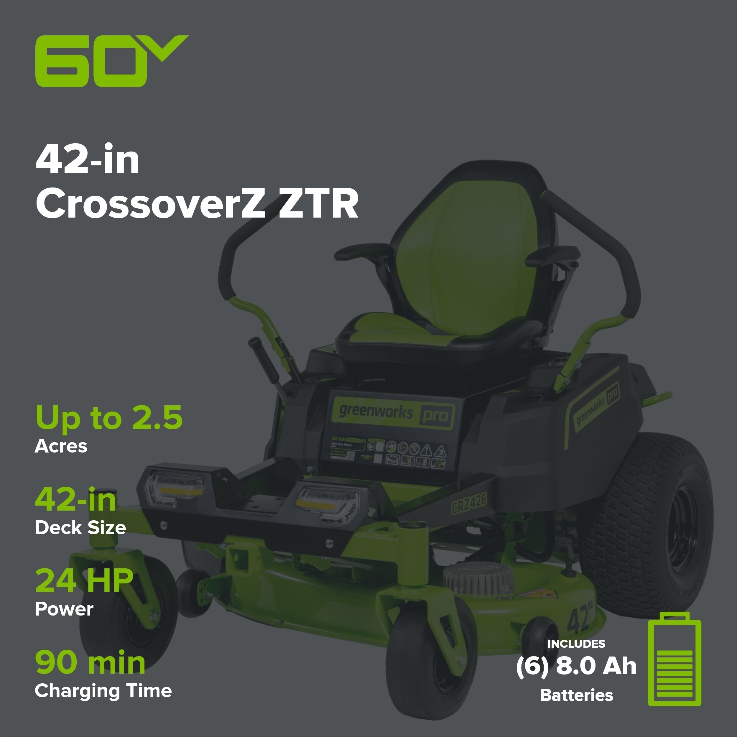 60V 42” Electric CrossoverZ Zero Turn Mower with (6) 8 Ah Batteries and (3) Dual Port Turbo Chargers, CRZ4261