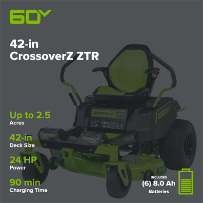 60V 42” Electric CrossoverZ Zero Turn Mower with (6) 8 Ah Batteries and (3) Dual Port Turbo Chargers, CRZ4261
