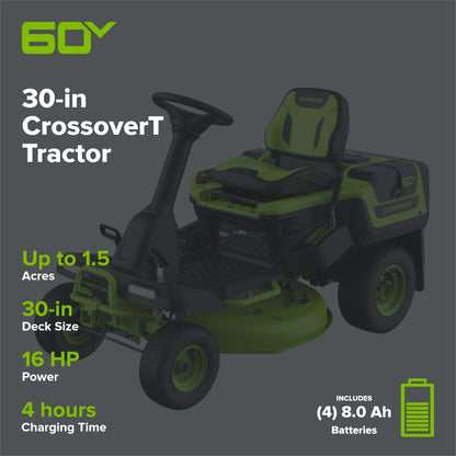60V 30" CrossoverT Riding Lawn Tractor with (4) 8.0 Ah Batteries and 600-Watt Charger, CRT3062