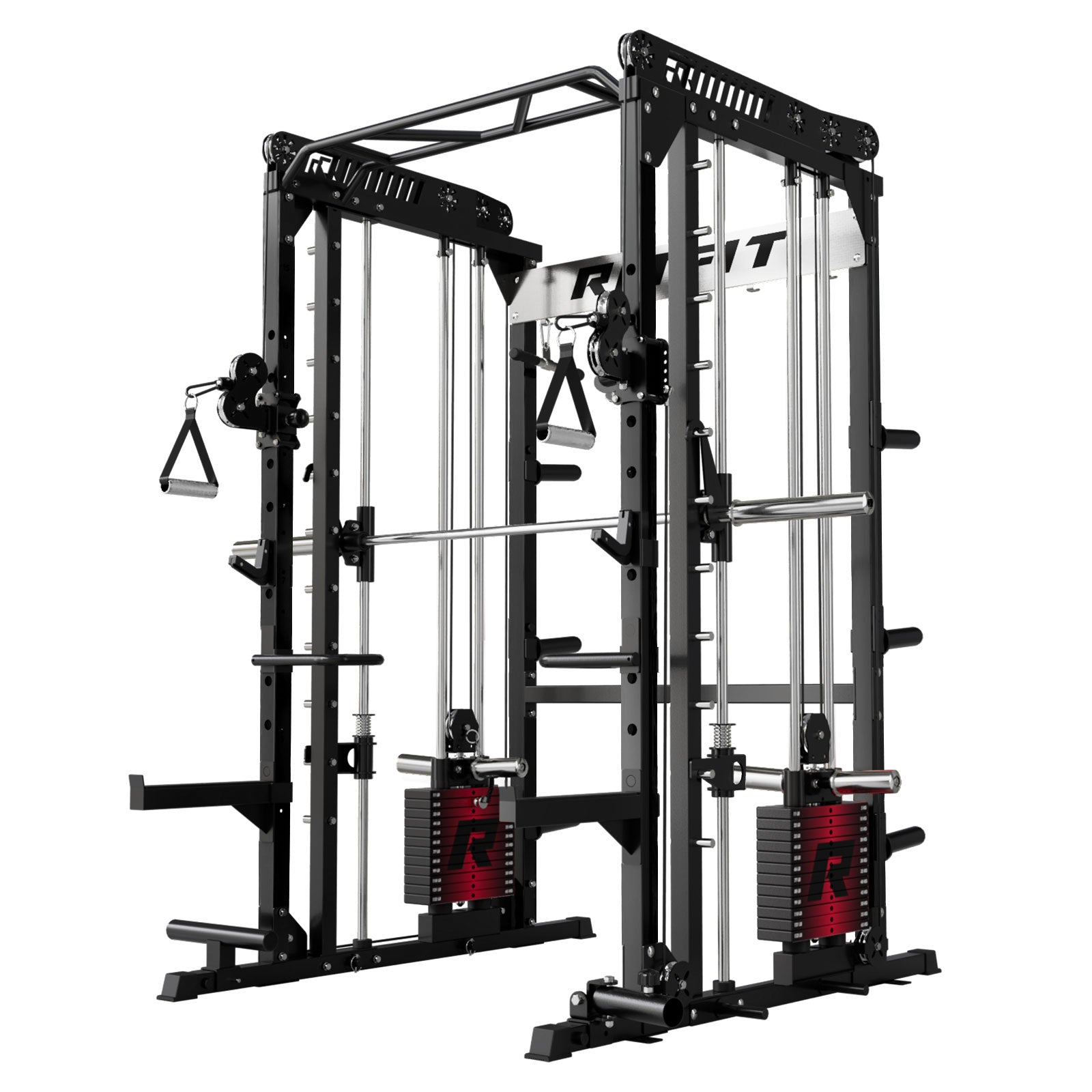 RitFit M1 PRO multi-functional smith machine with cable crossover and squat rack for home gym workouts, featuring sturdy steel construction.