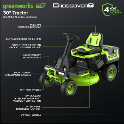 60V 30" CrossoverT Riding Lawn Tractor with (4) 8.0 Ah Batteries and 600-Watt Charger, CRT3062