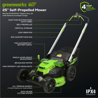 60V 25" Cordless Battery Dual Blade Self-Propelled Lawn Mower w/ Two (2) 4.0Ah Batteries & Dual-Port Charger, LM2516S