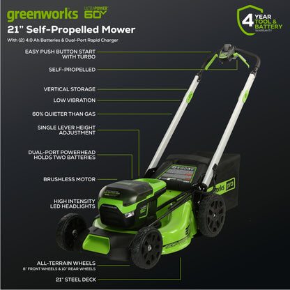 60V 21" Cordless Battery Self-Propelled Lawn Mower w/ Two (2) 4.0Ah Batteries & Dual Port Charger, LM2116S