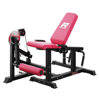 Pink RitFit PLC01 leg extension curl machine for strength training, showcasing padded seat and weight adjustment components.